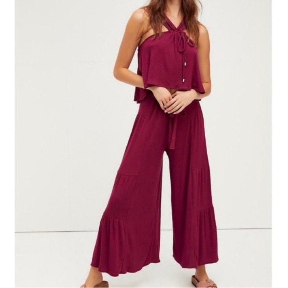 Free People Porter Matching Set Wide Leg Tank Top Burgundy Boho Lounge Mens S